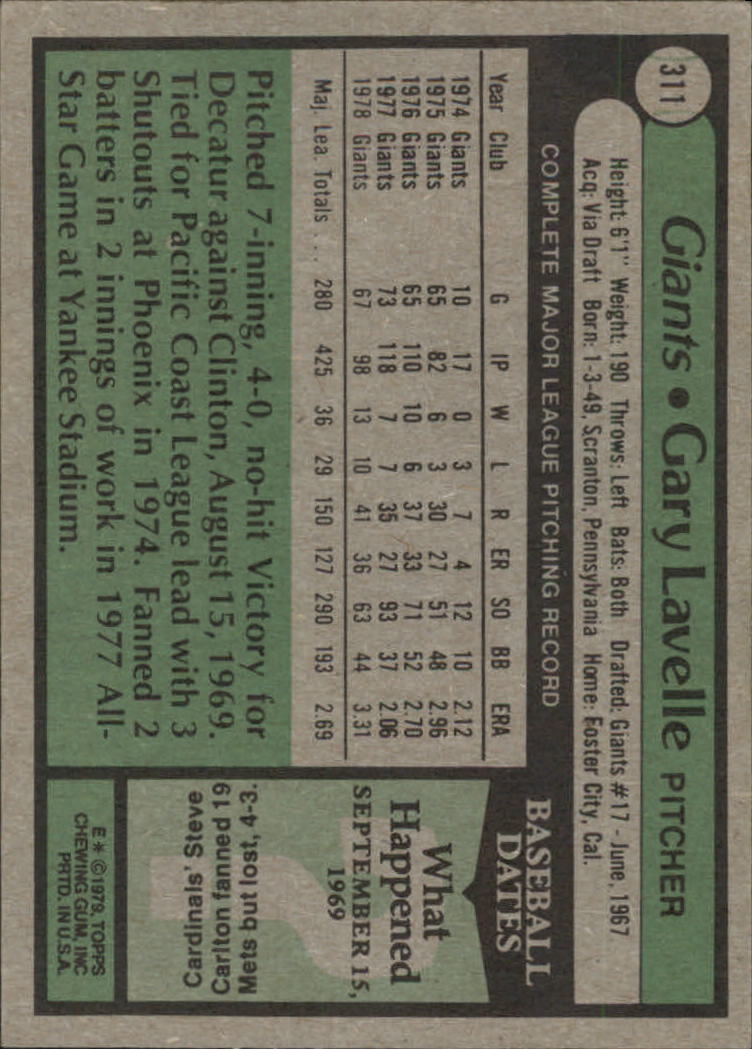 1979 Topps #311 Gary Lavelle back image