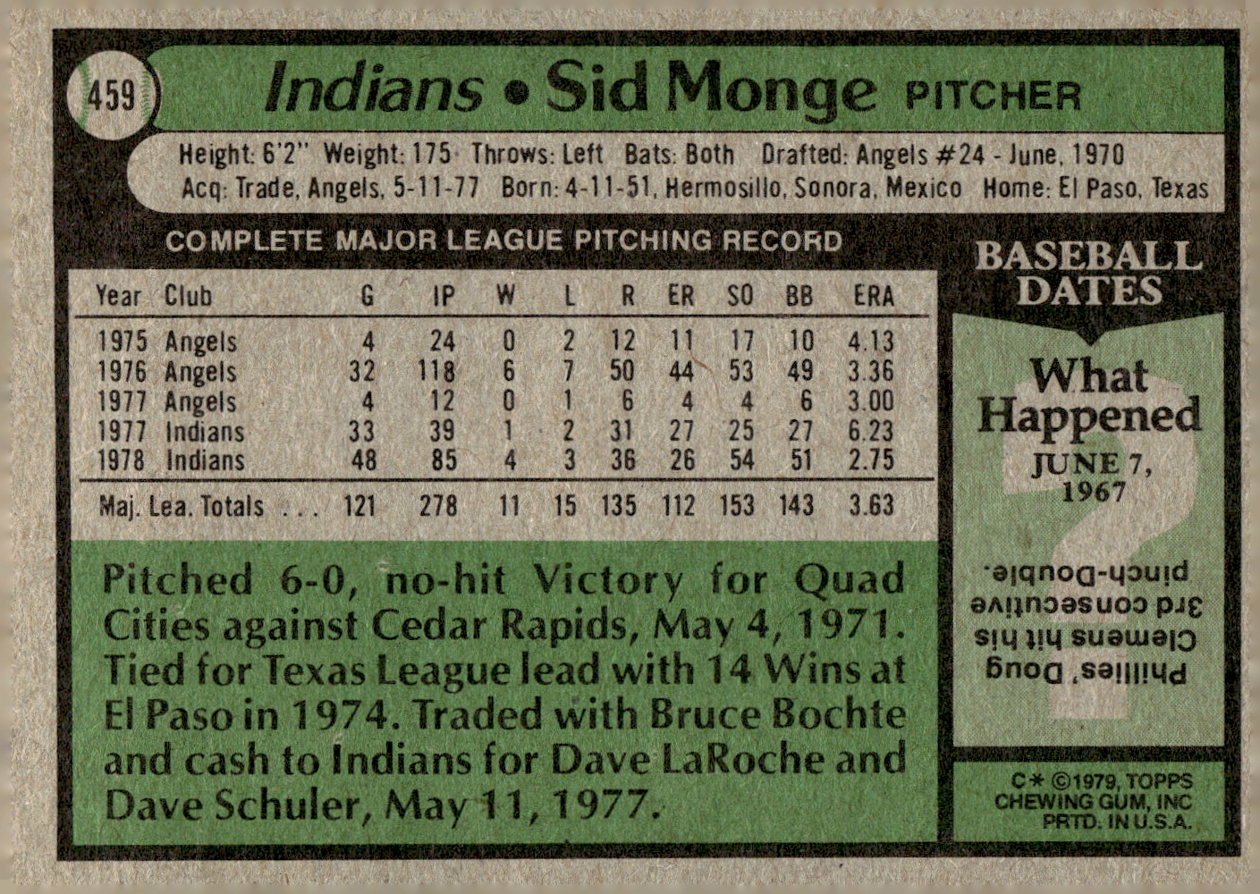 1979 Topps #459 Sid Monge back image