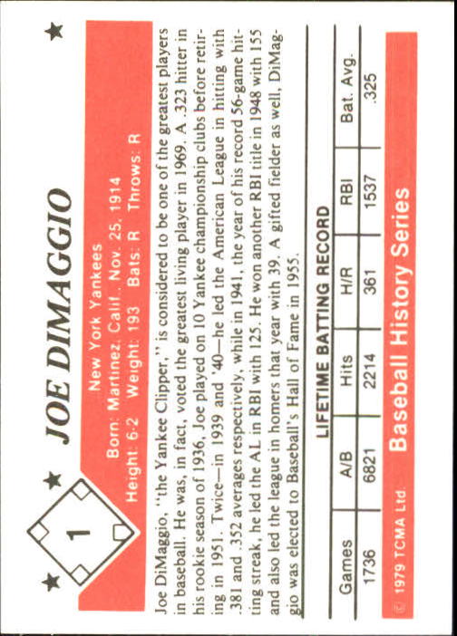1979 TCMA 50'S #1 Joe DiMaggio back image