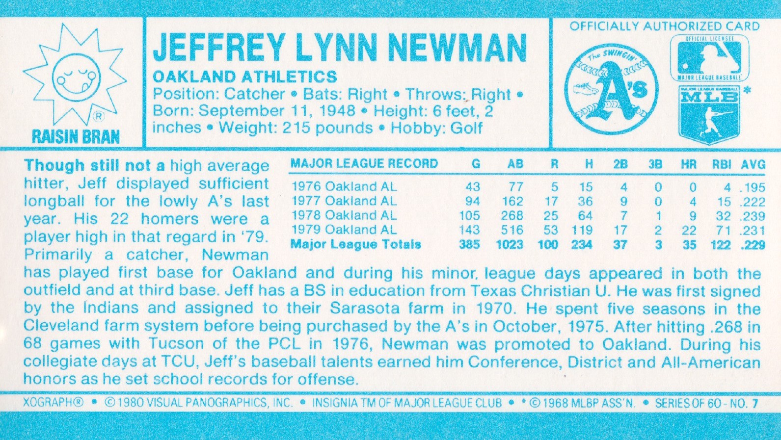 1980 Kellogg's #7 Jeff Newman back image