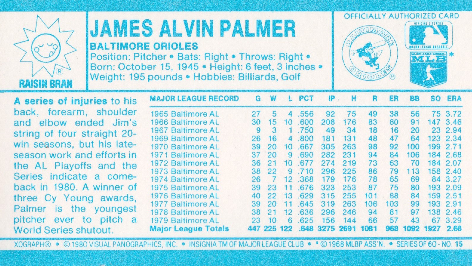 1980 Kellogg's #15 Jim Palmer back image