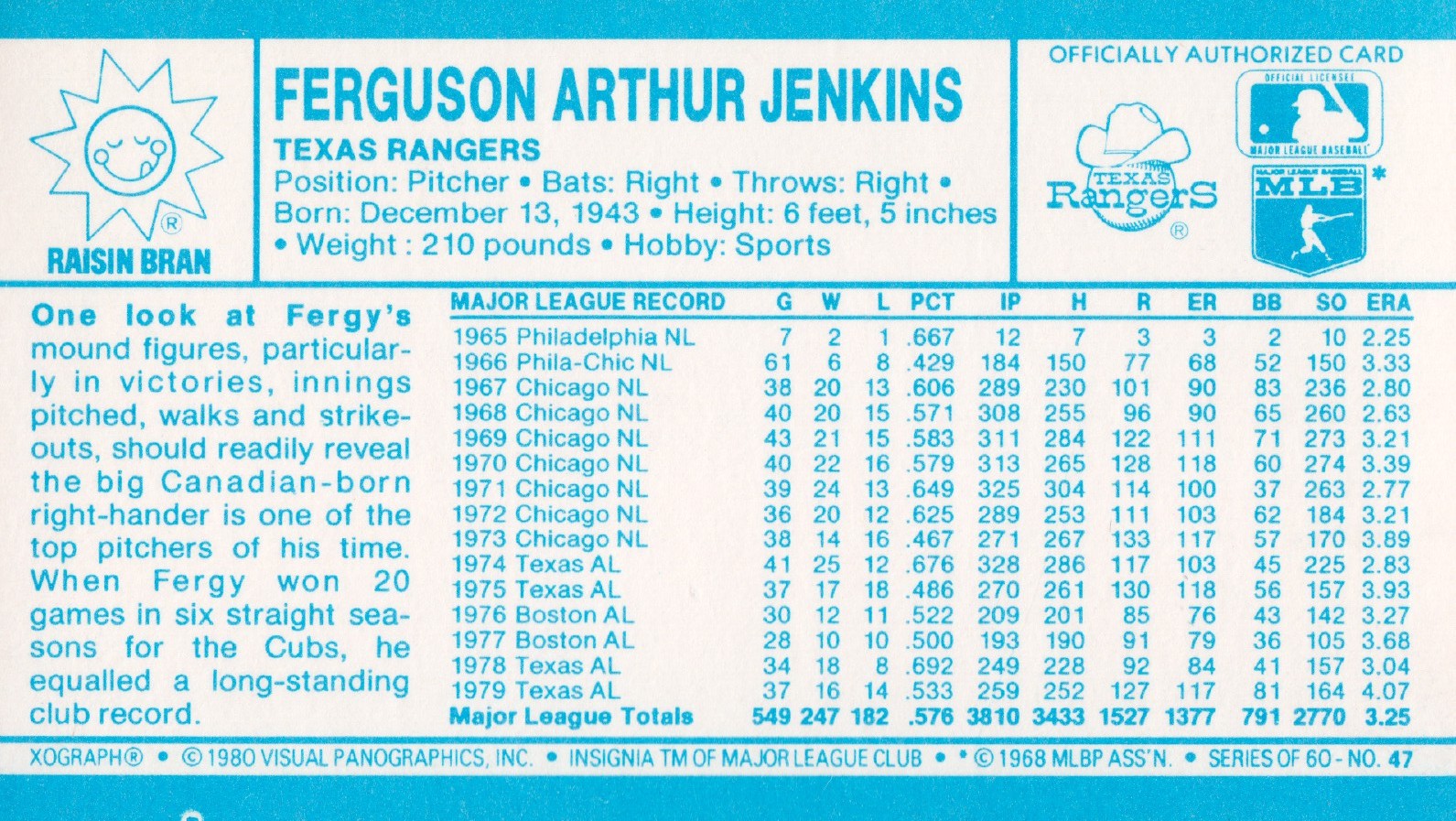 1980 Kellogg's #47 Ferguson Jenkins back image