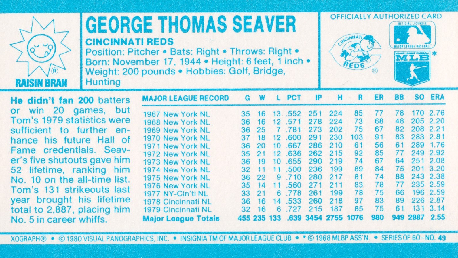 1980 Kellogg's #49 Tom Seaver back image