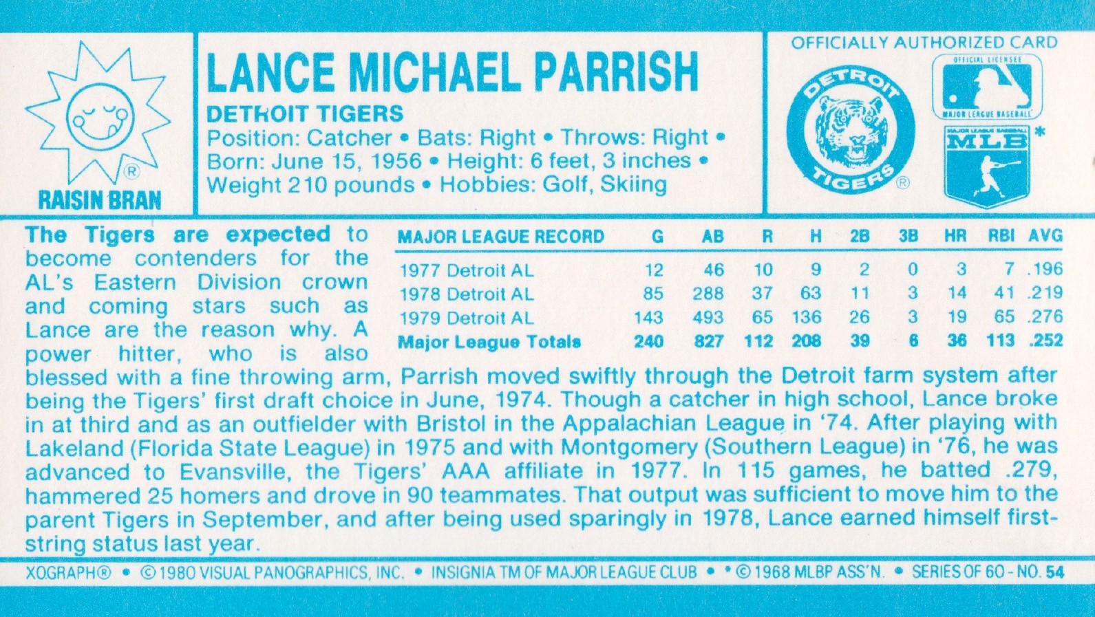 1980 Kellogg's #54 Lance Parrish back image