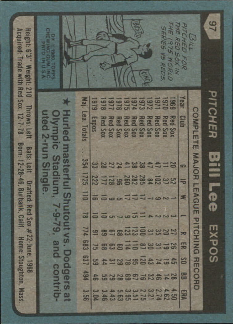1980 Topps #97 Bill Lee back image