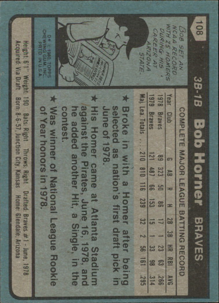 1980 Topps #108 Bob Horner back image