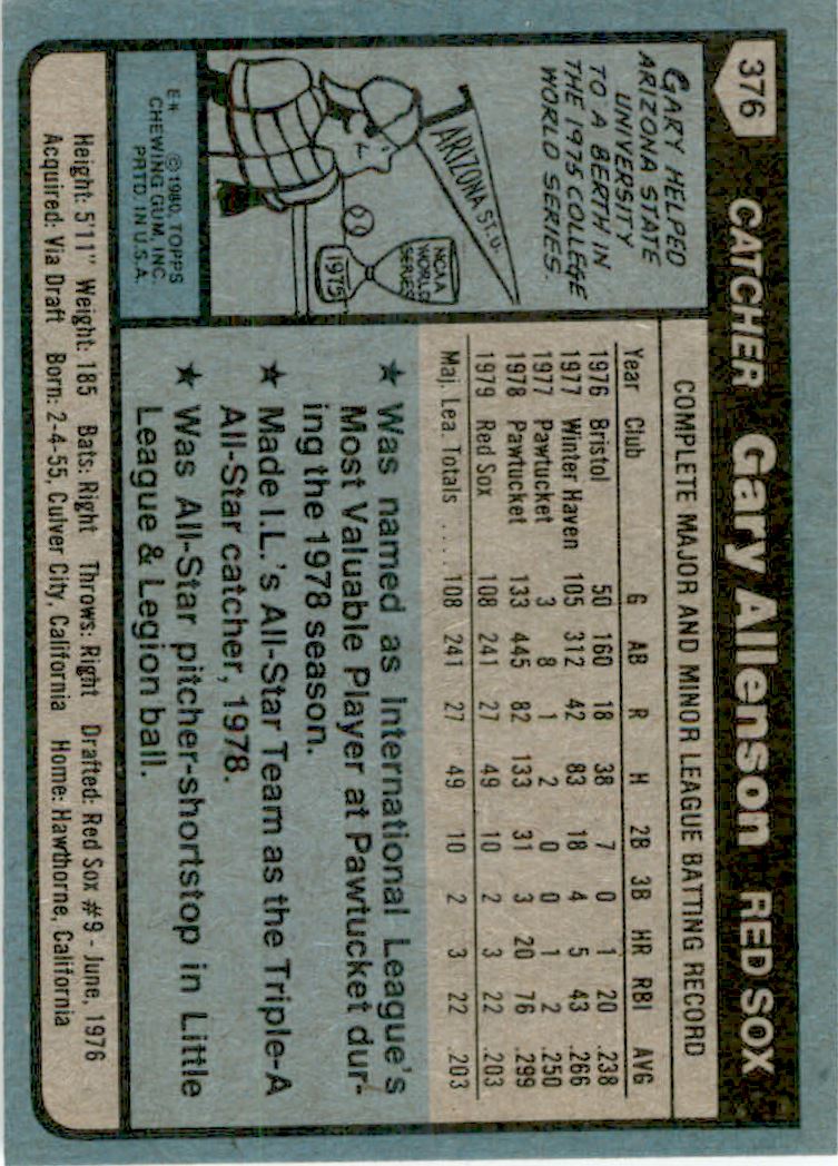 1980 Topps #376 Gary Allenson RC back image