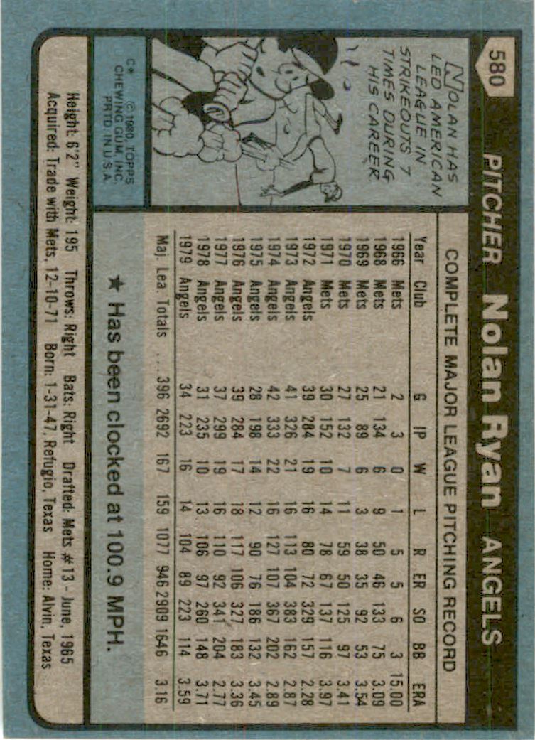 1980 Topps #580 Nolan Ryan - NM-MT