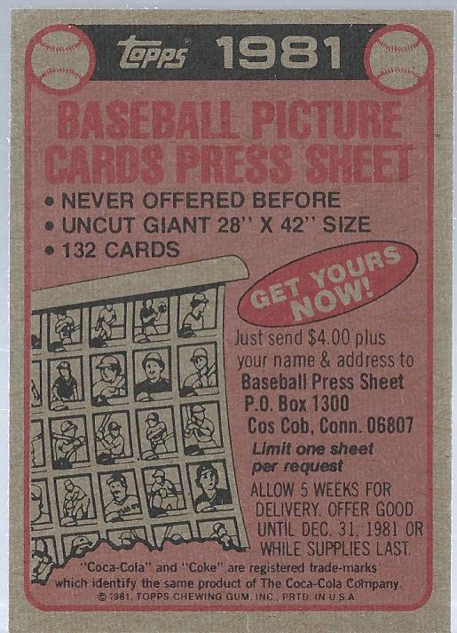 1981 Coke Team Sets #12 Red Sox Ad Card/(Unnumbered) back image
