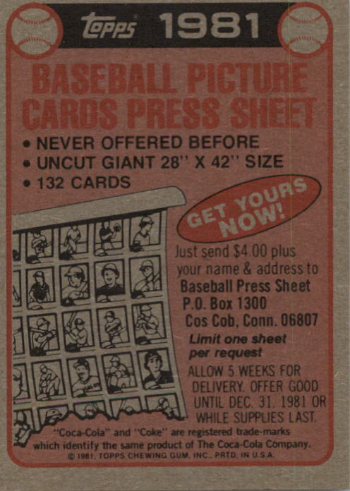 1981 Coke Team Sets #60 Tigers Ad Card/(Unnumbered) back image