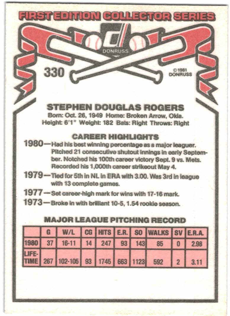 1981 Donruss #330B Steve Rogers P2 COR back image