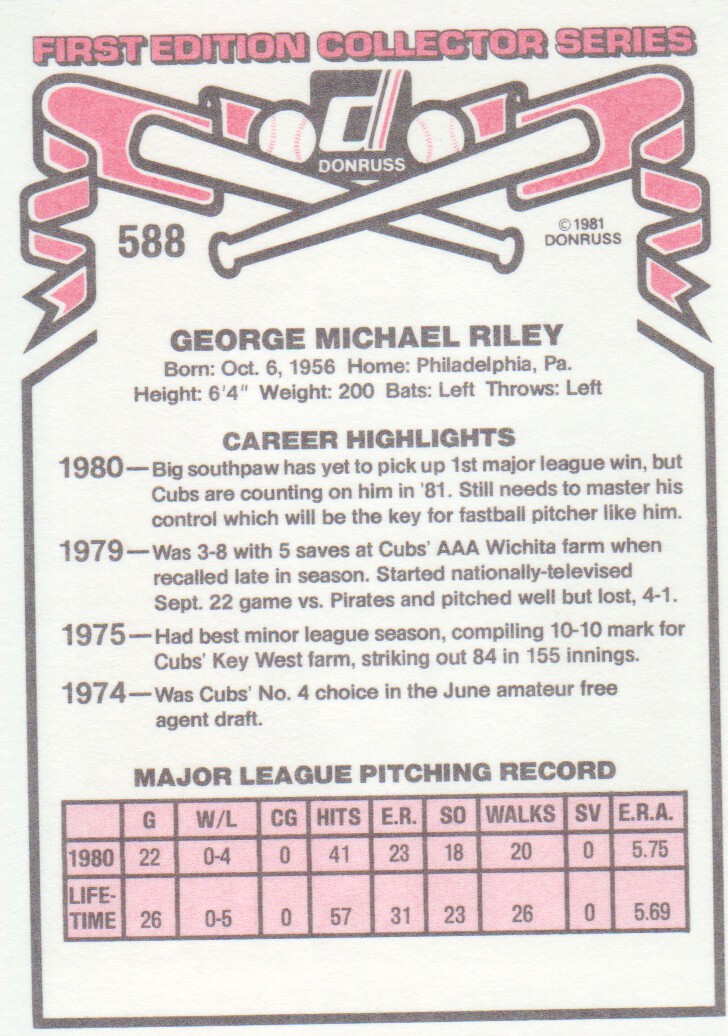 1981 Donruss #588 George Riley RC back image