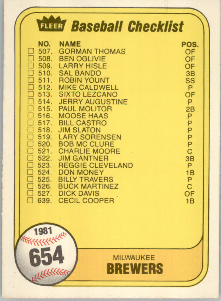 1981 Fleer Baseball "Main Set" Base Cards #441 to #660 - Picture 440 of 459
