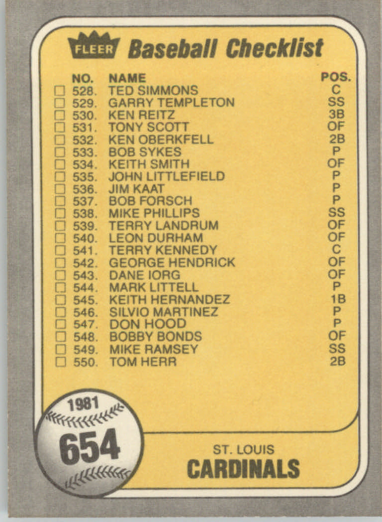 1981 Fleer Baseball "Main Set" Base Cards #441 to #660 - Picture 443 of 459