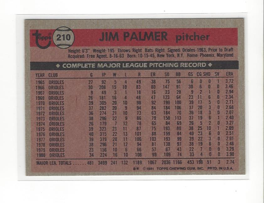 1981 Topps #210 Jim Palmer back image