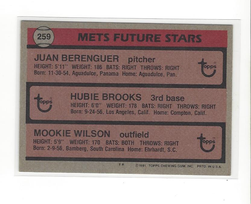 1981 Topps #259 Juan Berenguer/Hubie Brooks RC/Mookie Wilson RC back image