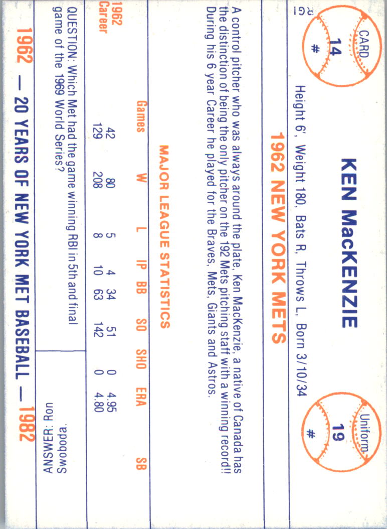 1982 Mets Galasso '62 #14 Ken MacKenzie back image