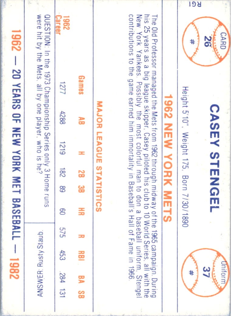 1982 Mets Galasso '62 #26 Casey Stengel MG back image