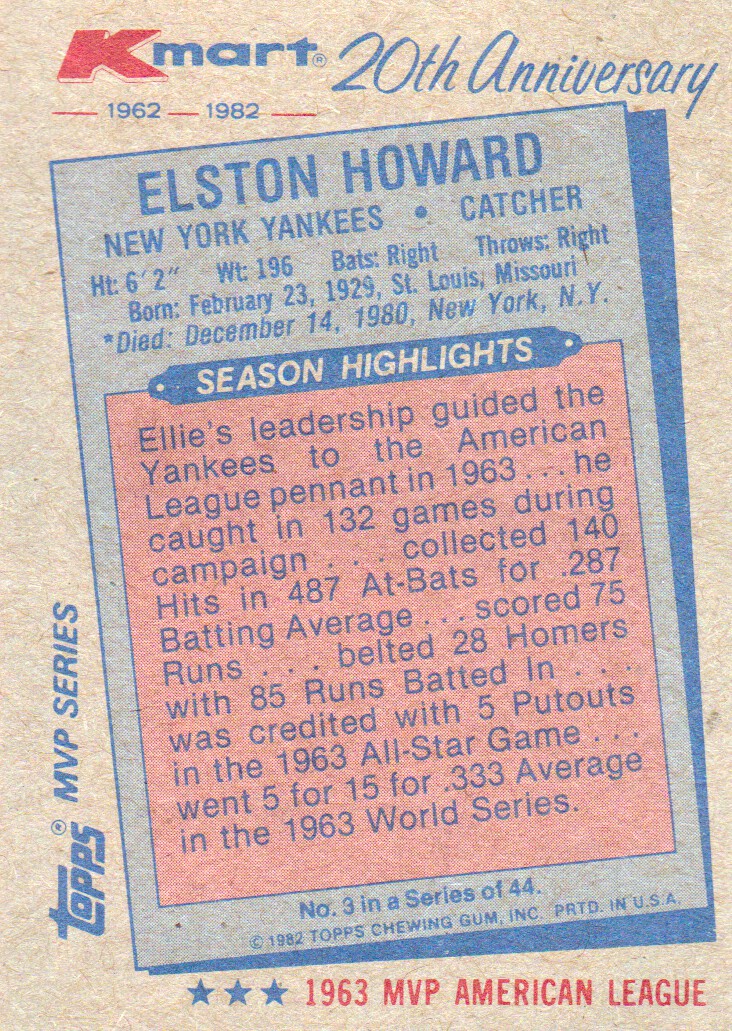 1982 K-Mart #3 Elston Howard: 63AL back image