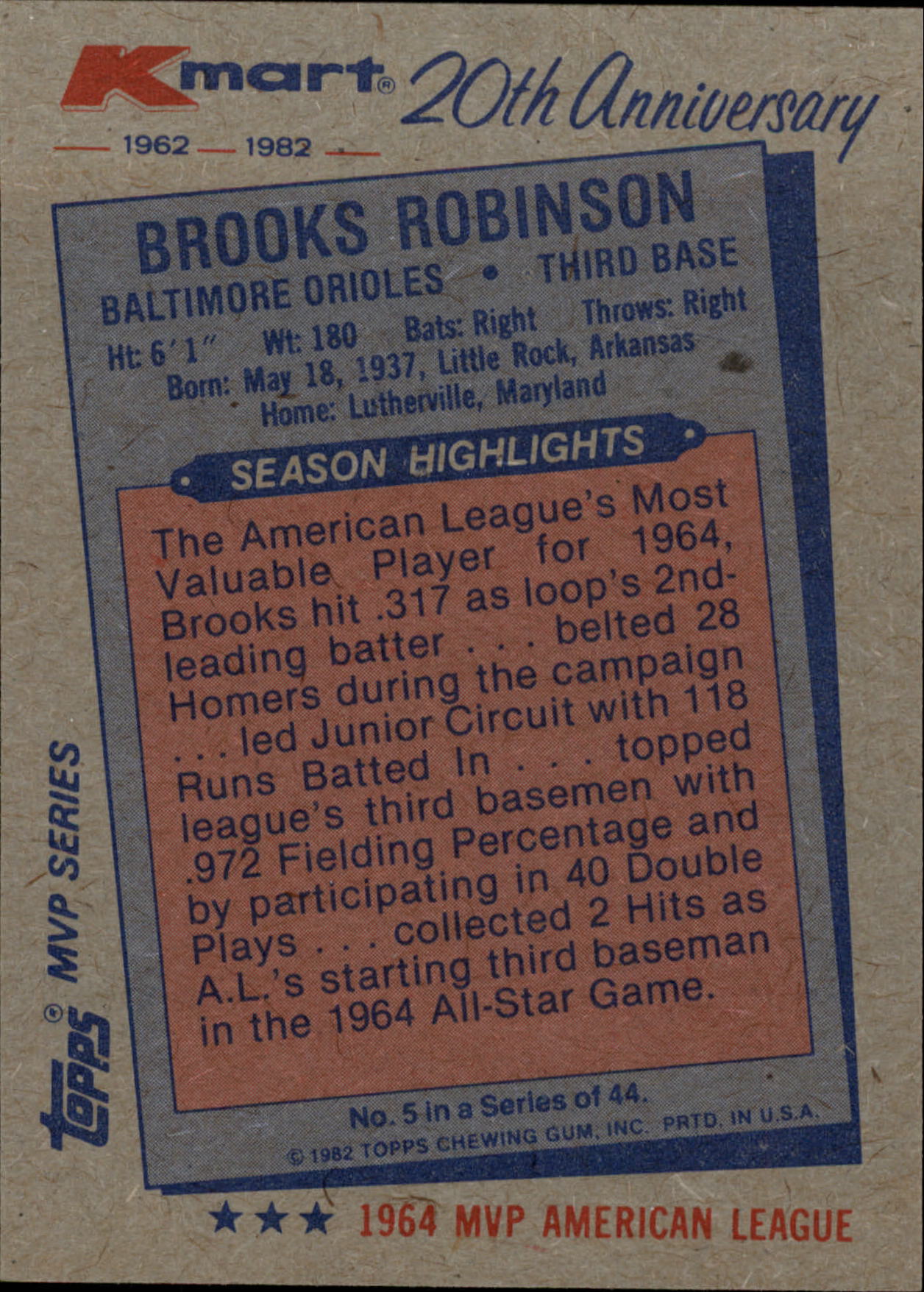 1982 K-Mart #5 Brooks Robinson: 64AL back image