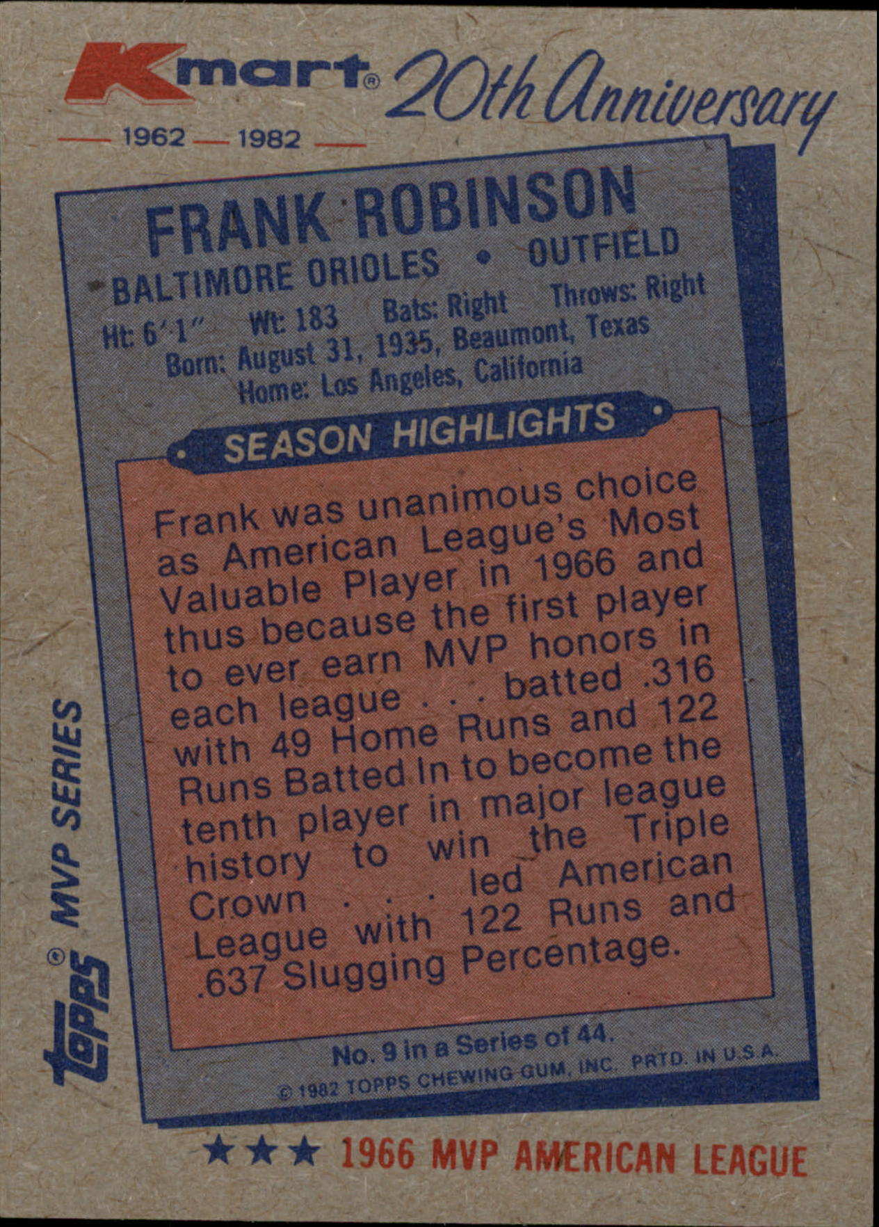 1982 K-Mart #9 Frank Robinson: 66AL back image