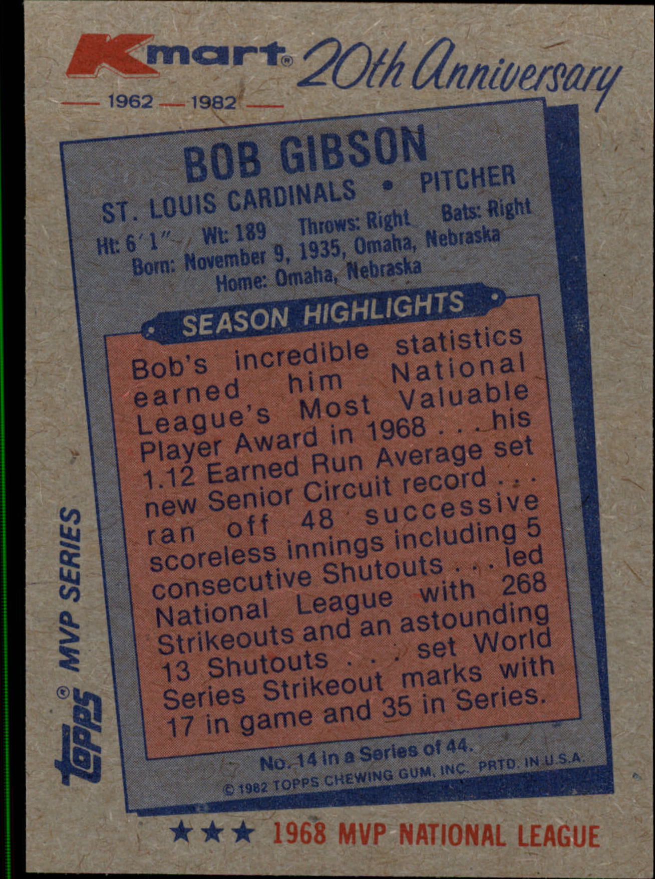 1982 K-Mart #14 Bob Gibson: 68NL back image