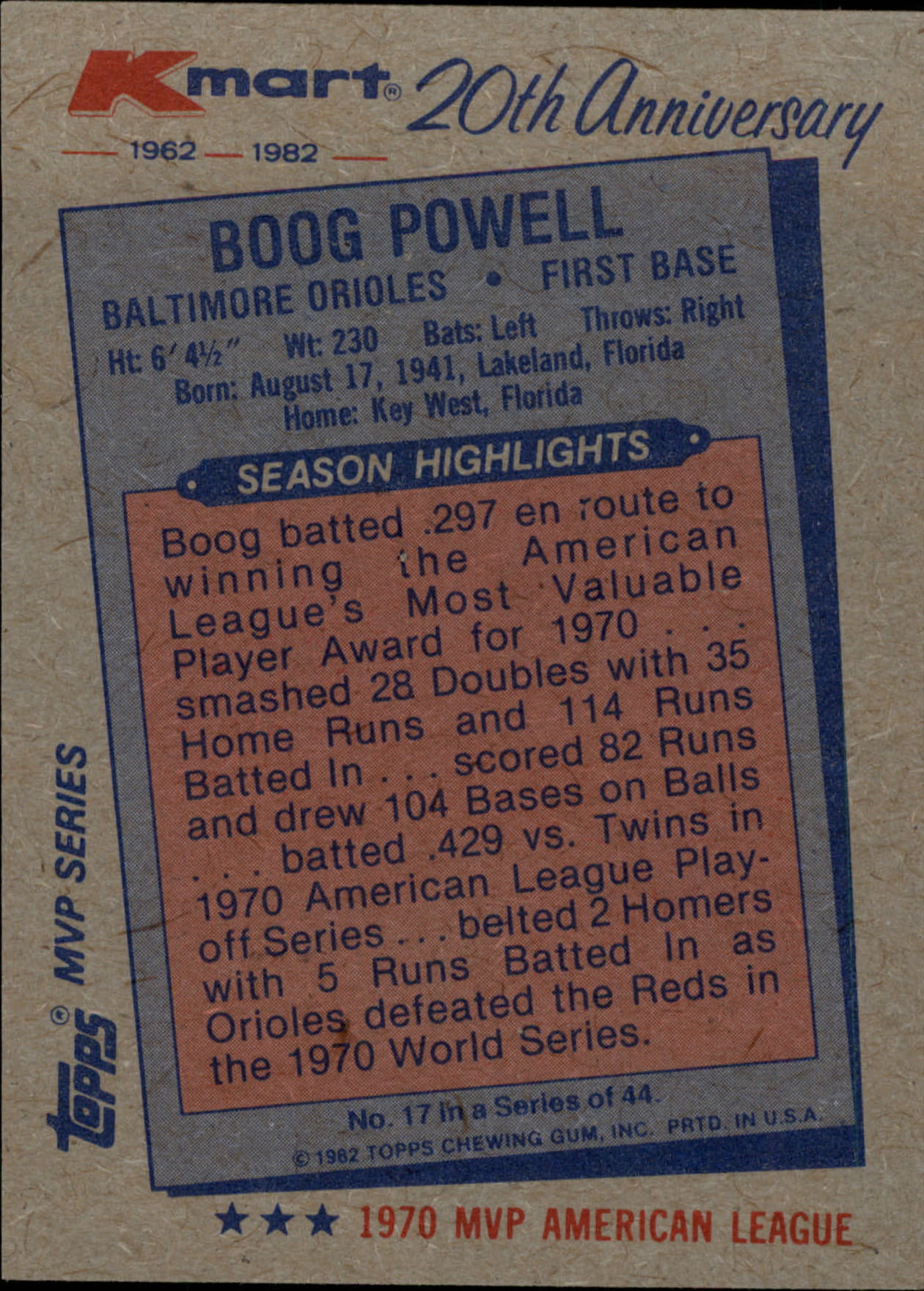 1982 K-Mart #17 Boog Powell: 70AL back image