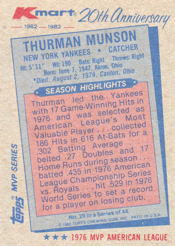 1982 K-Mart #29 Thurman Munson: 76AL back image
