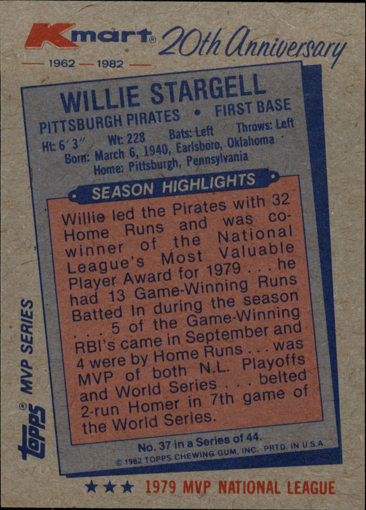 1982 K-Mart #37 Willie Stargell: 79NL back image