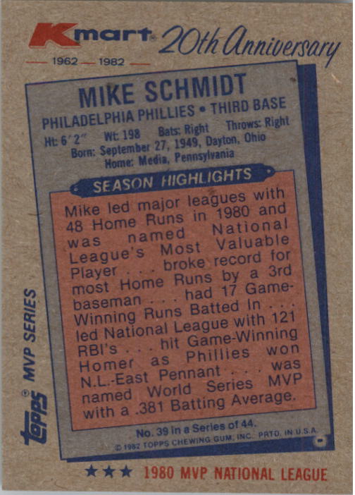 1982 K-Mart #39 Mike Schmidt: 80NL back image