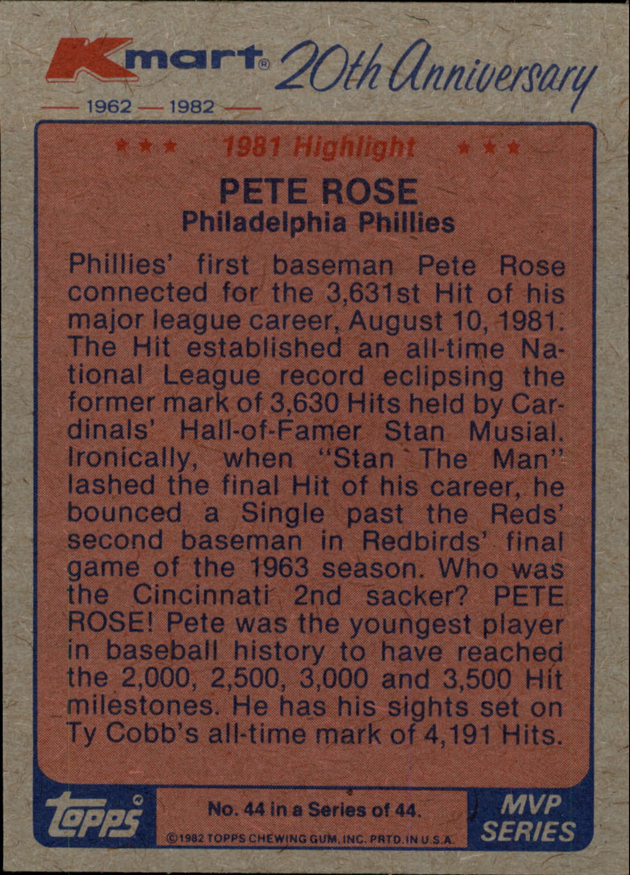 1982 K-Mart #44 Pete Rose '81 HL/(NL most hits) back image