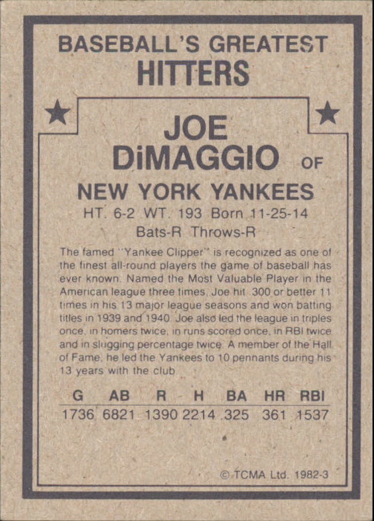 1982 TCMA Greatest Hitters #3 Joe DiMaggio back image