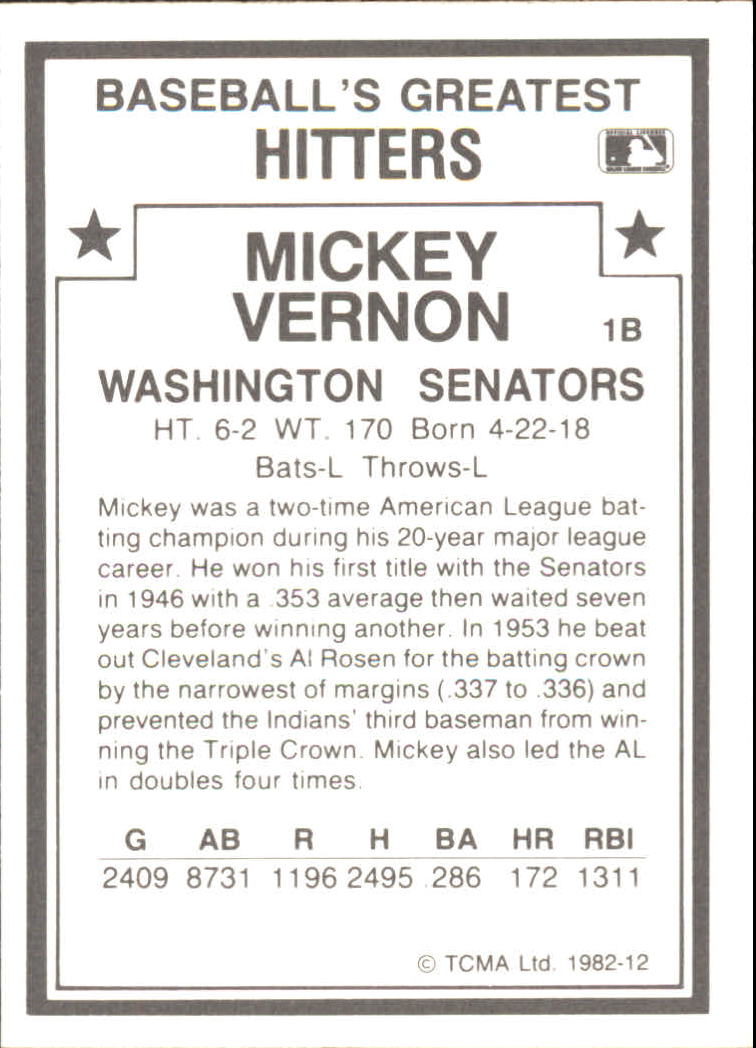 1982 TCMA Greatest Hitters #12 Mickey Vernon back image