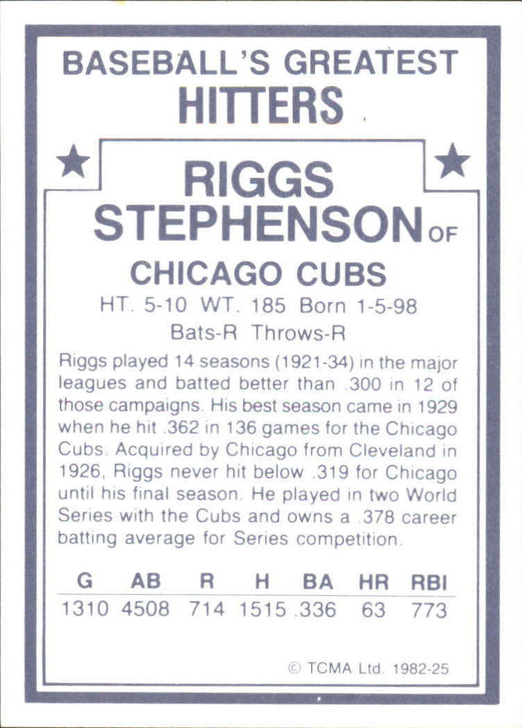 1982 TCMA Greatest Hitters #25 Riggs Stephenson back image