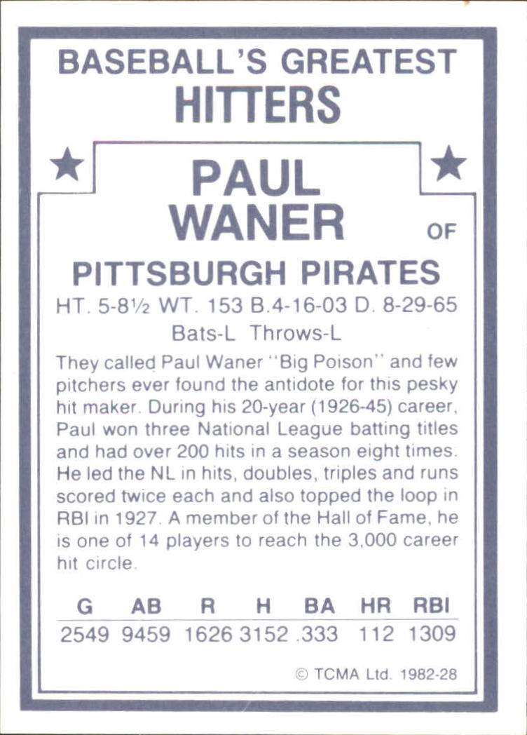 1982 TCMA Greatest Hitters #28 Paul Waner back image