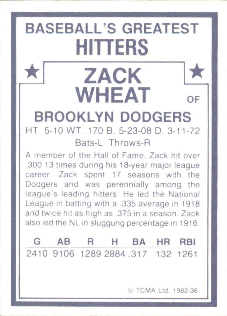 1982 TCMA Greatest Hitters #36 Zack Wheat back image