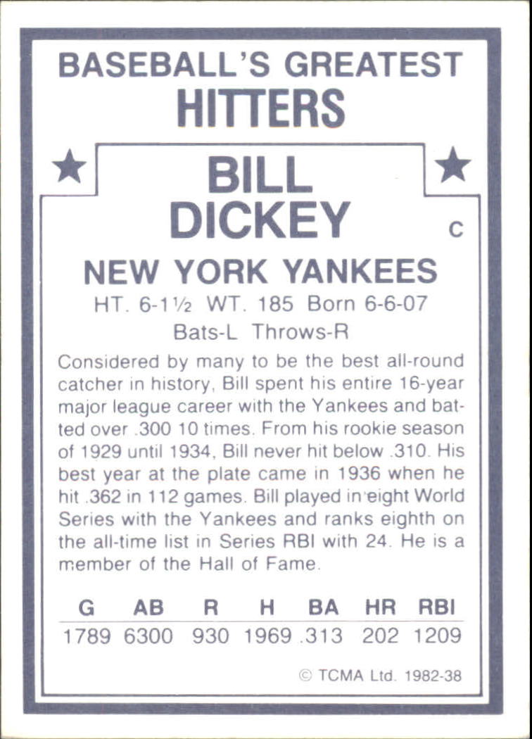1982 TCMA Greatest Hitters #38 Bill Dickey back image