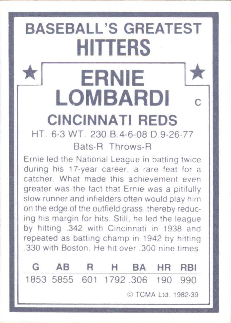 1982 TCMA Greatest Hitters #39 Ernie Lombardi back image
