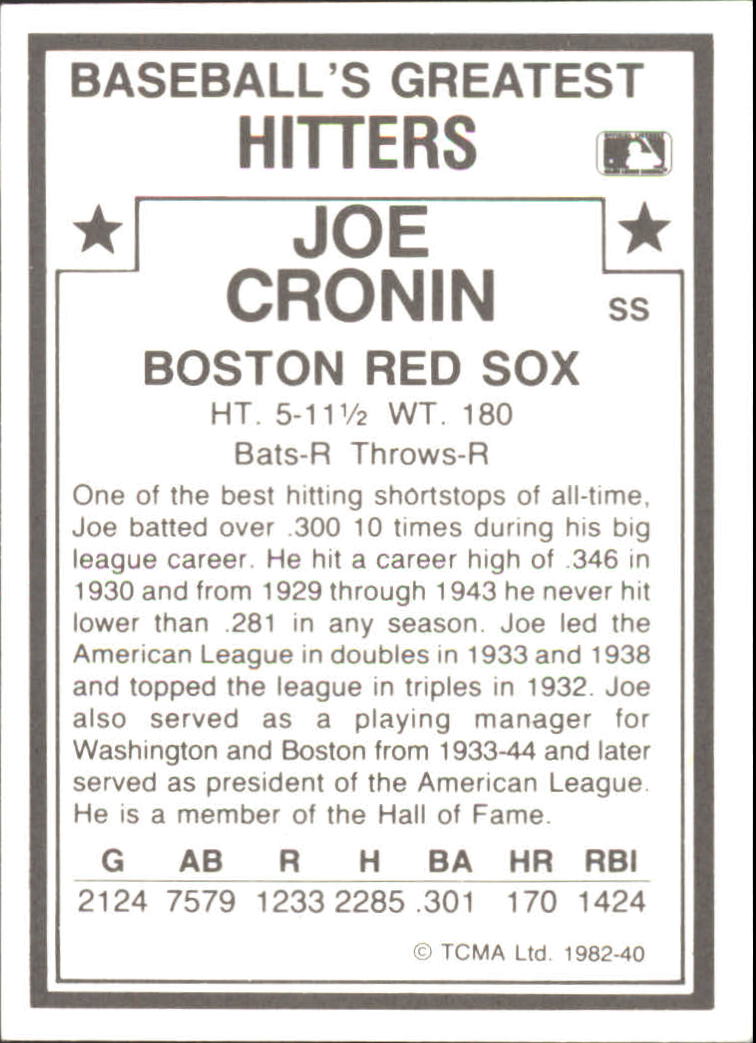1982 TCMA Greatest Hitters #40 Joe Cronin back image