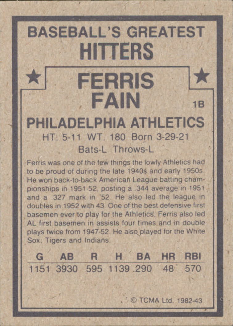 1982 TCMA Greatest Hitters #43 Ferris Fain back image