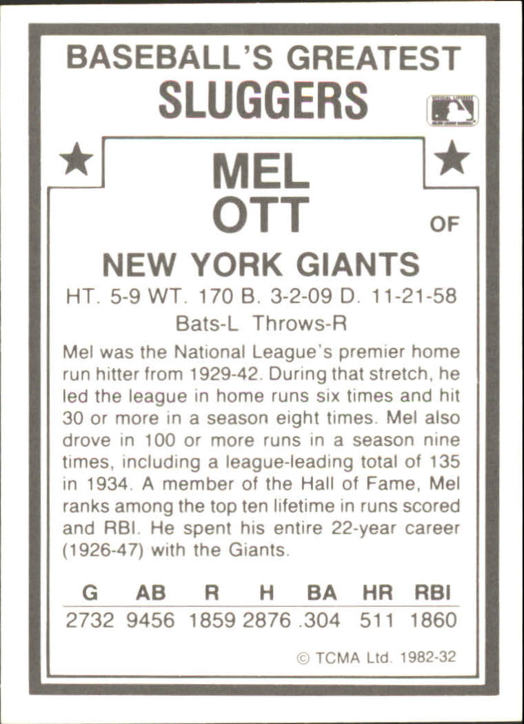 1982 TCMA Greatest Sluggers #32 Mel Ott back image