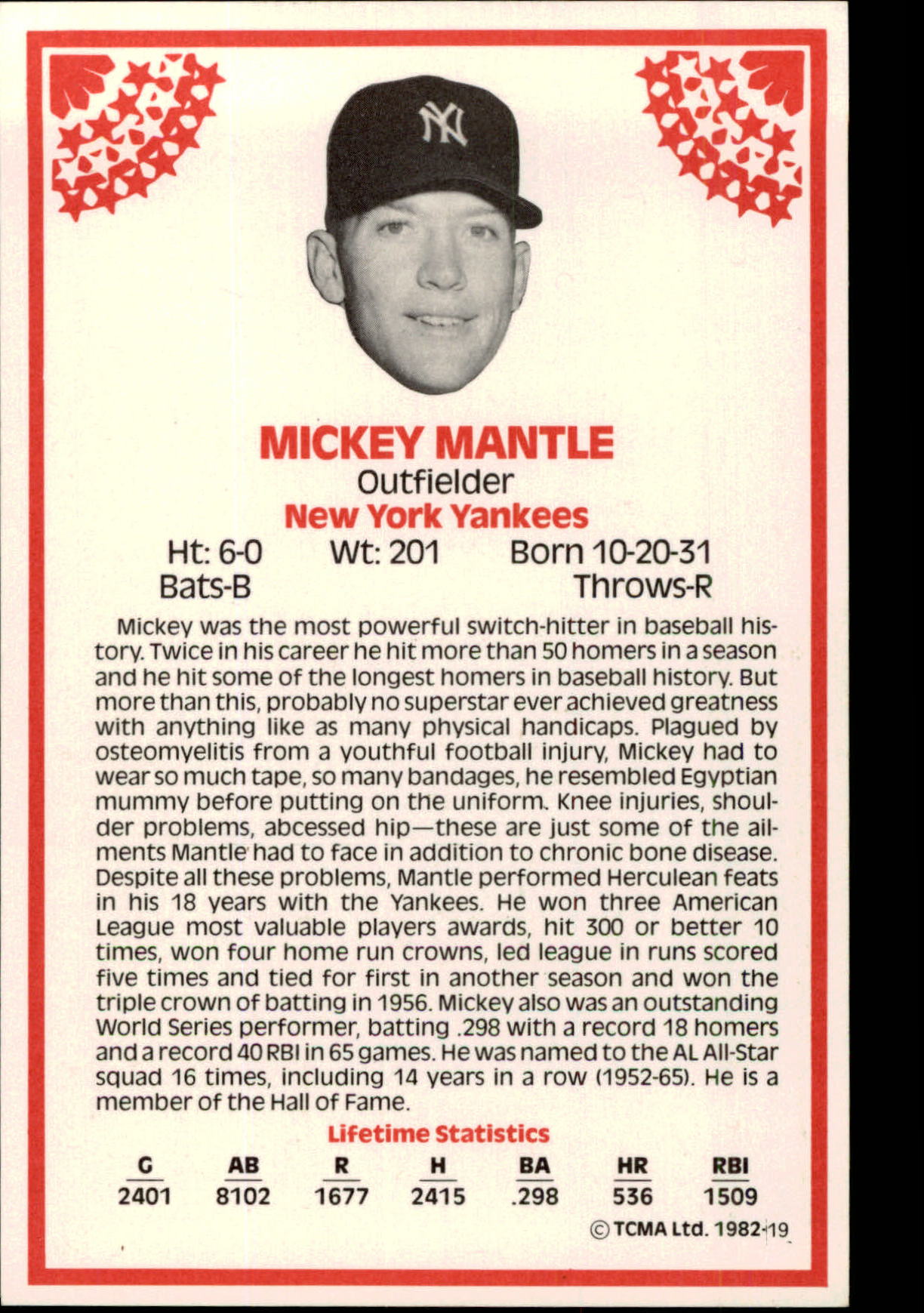 1982 TCMA Stars of the 50's #19 Mickey Mantle back image