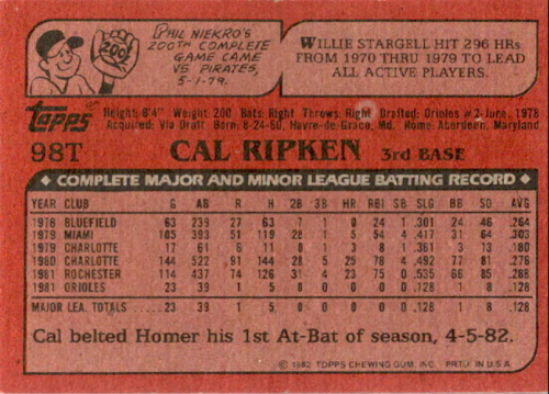 1982 Topps Traded #98T Cal Ripken back image