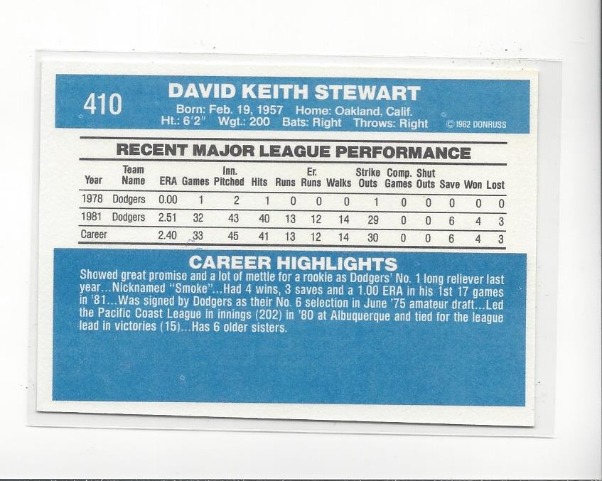 1982 Donruss #410 Dave Stewart RC back image