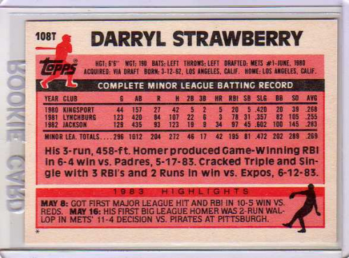 1983 Topps Traded #108T Darryl Strawberry XRC back image