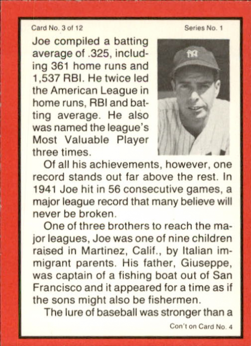 1983 ASA Joe DiMaggio #3 Joe DiMaggio/Joe McCarthy MG/Jacob Ruppert OWN/Tony Lazzeri/1936 World Series back image