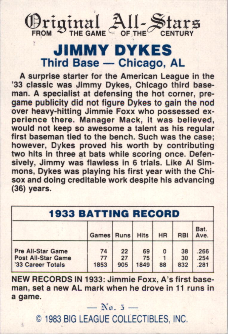 1983 Big League Collectibles Original All-Stars #5 Jimmy Dykes back image