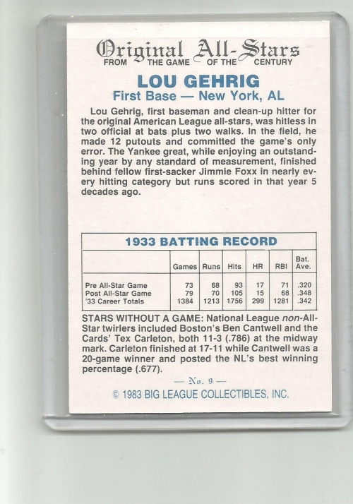 1983 Big League Collectibles Original All-Stars #9 Lou Gehrig back image