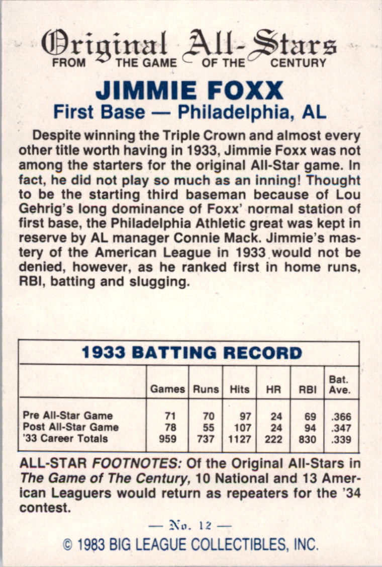 1983 Big League Collectibles Original All-Stars #12 Jimmie Foxx back image