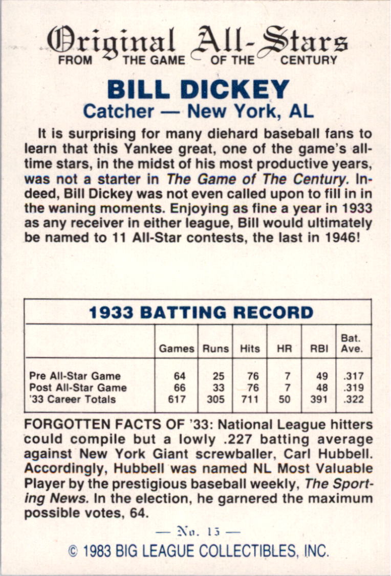 1983 Big League Collectibles Original All-Stars #15 Bill Dickey back image
